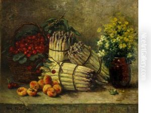 A Still Life With Asparagus, Cherries, Peaches And Flowers