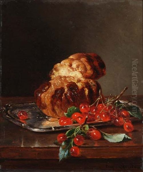 Stilleben Mit Brioche Und Kirschen Auf Einem Silbertablett - view 1