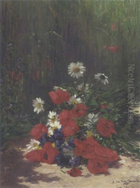 A Bunch Of Daisies, Poppies And Cornflowers Before A Meadow - view 1