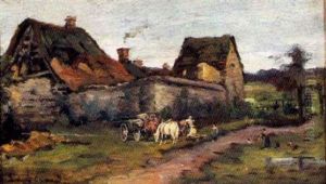 Farmyard Idyll, With Timber Cart And Draught Horses by Eugene Claude