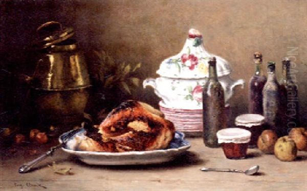 A Cooked Turkey, Bottles Of Wine, Jam Jars, Apples, And A Soup Tureen On A Kitchen Table - view 1