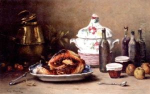 A Cooked Turkey, Bottles Of Wine, Jam Jars, Apples, And A Soup Tureen On A Kitchen Table by Eugene Claude
