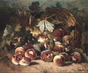 Peaches And Grapes In A Basket On A Mossy Bank by Eugene Claude