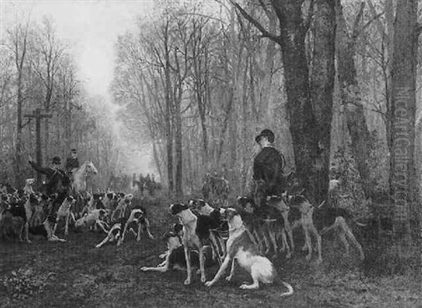 Jagdgesellschaft Mit Hunden Im Herbstlichen Wald - view 1