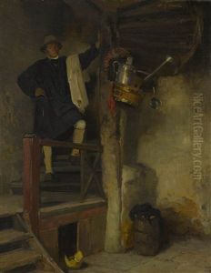 Interieur Mit Herrn Auf Einer Wendeltreppe