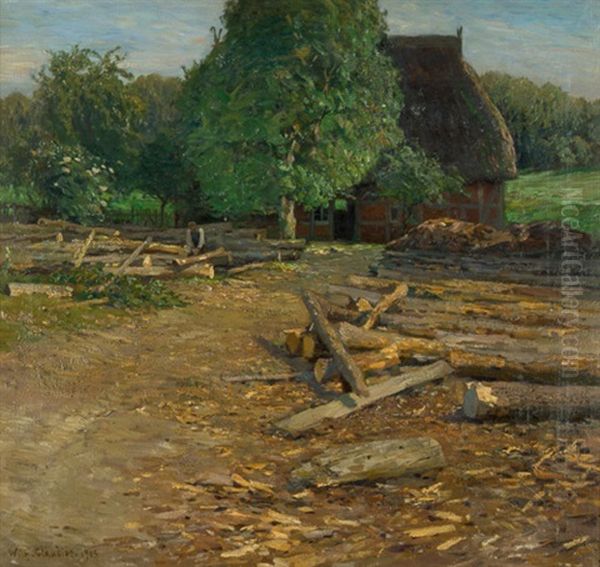 Norddeutsches Bauernhaus Im Sommer, Im Vordergrund Holzfaller Beim Bearbeiten Der Baumstamme - view 1