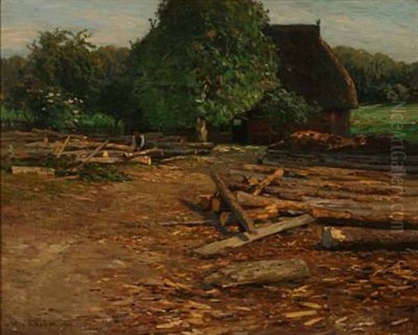 A Man Chopping Wood In Front Of A Farm House - view 1