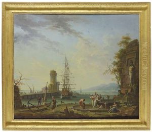 A Mediterranean Port With Washerwomen And Figures At A Fountain