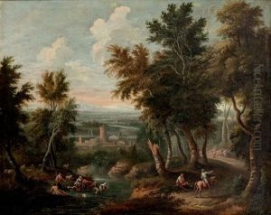 Bergeres Pres D'une Riviere Dans Un Paysage De Campagne by Jean Baptiste Charles Claudot