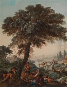 A Pair Of Campagna Landscapes With Resting Shepherds