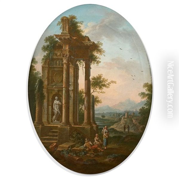 Ruines Antiques Dans Un Paysage Anime De Figures - view 1