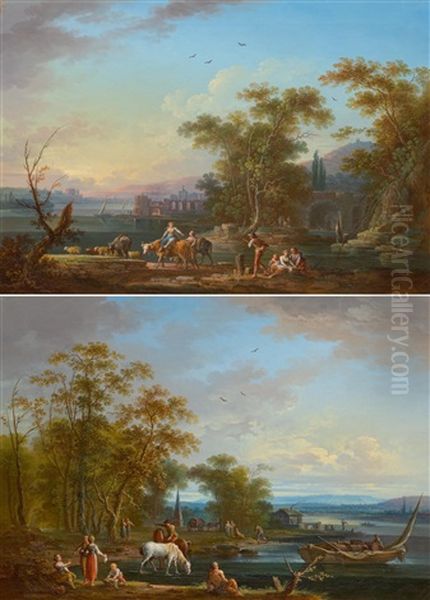 Pair Of Works: Fishing Scene And Mediterranean Landscape With Figures - view 1