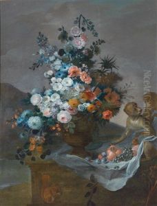 A Still Life Of Flowers And Fruit With A Monkey