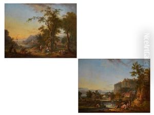 Landschaften Mit Figuren, Fluss Und Stadtansicht (pair) by Jean Baptiste Charles Claudot