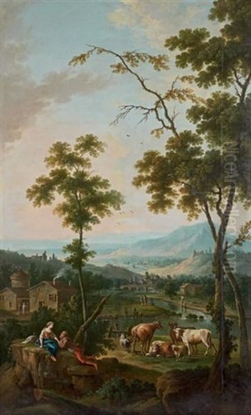 Paysage Avec Un Couple De Bergers Et Leur Troupeau - view 1