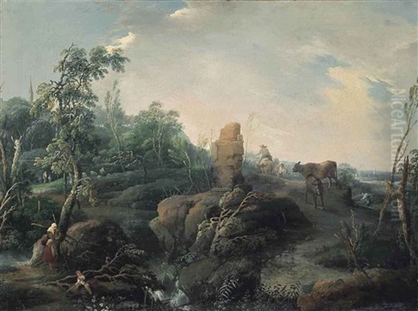 An Extensive Landscape With Travellers On A Hillock, A Ruin In The Foreground - view 1
