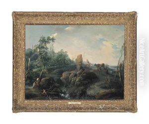 An Extensive Landscape With Travellers On A Hillock, A Ruin In The Foreground by Jean Baptiste Charles Claudot