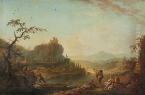 Paysage Traverse Par Une Riviere Avec Pecheurs Et Villageoises