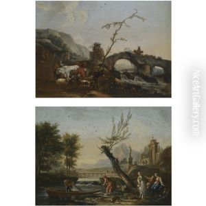 An Italianate Landscape With A Bridge And The Gates Of A Villa In The Background, Figures Fishing In The Foreground (+ An Italianate Landscape With Herdsmen Crossing A Bridge, Smllr; Pair) by Jean Baptiste Charles Claudot