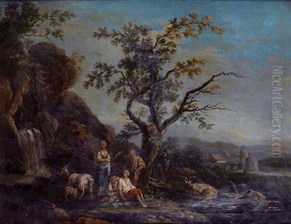Patre Et Sa Famille Au Milieu De Ses Chevres Pres D'une Cascade - view 1