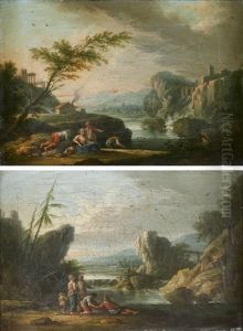 Paysages De Riviere Avec Des Pecheurs Et Promeneurs (pair)