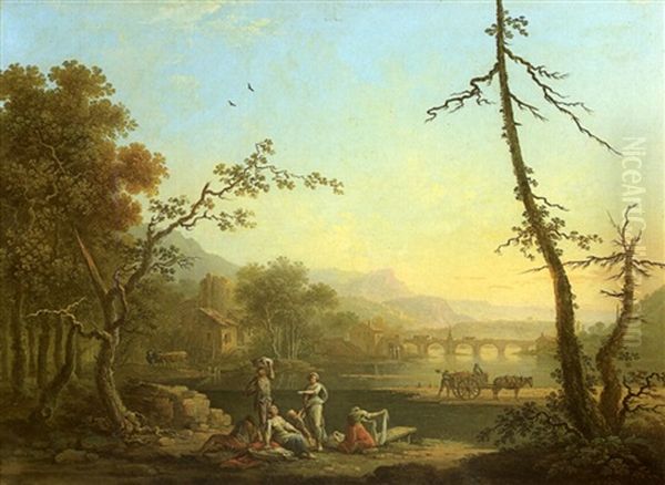 Lavandieres Devant Un Paysage De Riviere - view 1