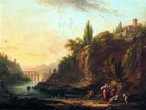 Le Repos Des Promeneurs Et Des Lavandieres Pres D'une Riviere