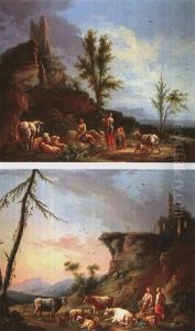 Capriccio Mit Personenstaffage Und Vieh (+ Another, Similar; Pair) by Jean Baptiste Charles Claudot