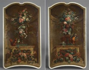 Bouquet De Fleurs Dans Un Vase Orne Et Un Perroquet (+ Another; Pair) by Jean Baptiste Charles Claudot