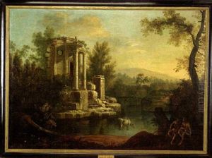 A Landscape With Figures By A Classical Ruin by Jean Baptiste Charles Claudot