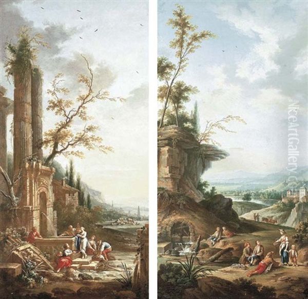 A Landscape With Peasants Washing Laundry At A Fountain (+ A Landscape With Peasants Fishing And Resting By A River; Pair) - view 1