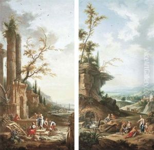 A Landscape With Peasants Washing Laundry At A Fountain (+ A Landscape With Peasants Fishing And Resting By A River; Pair)