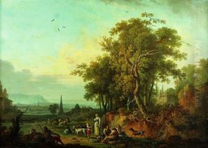 Paysans Et Leur Troupeau Se Reposant Dans Un Vaste Paysage Lacustre