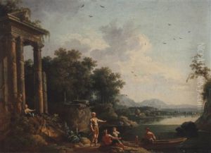 Une Famille De Pecheurs Devant Les Ruines D'un Temple by Jean Baptiste Charles Claudot