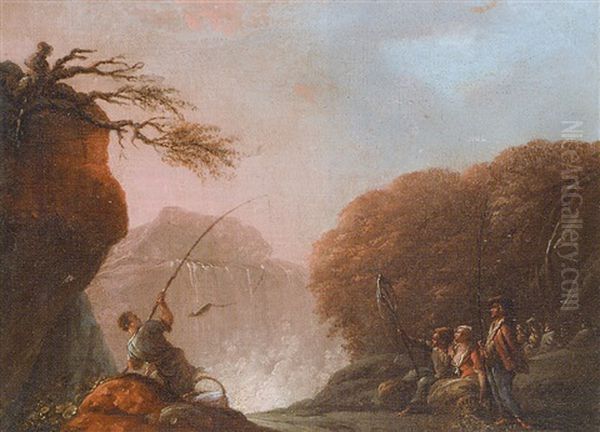 Paysage De Cascade Avec Villageois Pechant A La Ligne - view 1