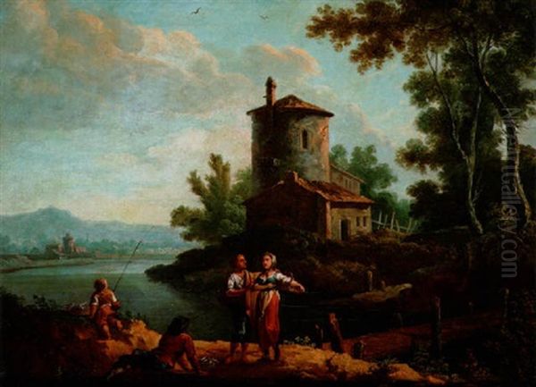 Pecheurs Et Lavandieres Pres D'un Pont De Bois - view 1