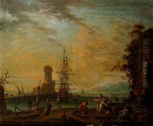 Vue D'un Port De Haute Mer Avec Jeunes Femmes A La Fontaine