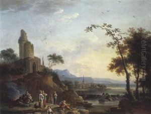 Paysage Anime De Pecheurs Et D'une Cascade Aupres D'une Ruine Paysage Anime De Pecheurs Et D'une Cascade Aupres D'une Ruine