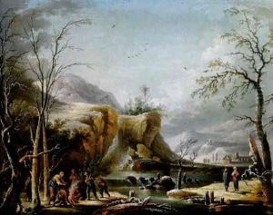 Gebirgige Winterlandschaft Mit Einem Wasserfall Und Figuren, Allegorie Des Winters Gebirgige Winterlandschaft Mit Einem Wasserfall Und Figuren, Allegorie Des Winters