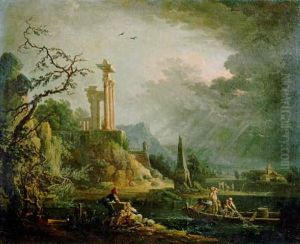 Evening: A Cappriccio Of A Mediterranean Coastal Landscape With Fishermen Hauling In Their Nets, As A Storm Approaches