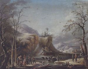 Gebirgige Winterlandschaft Mit Einem Wasserfall Und Figuren - Allegorie Des Winters Gebirgige Winterlandschaft Mit Einem Wasserfall Und Figuren - Allegorie Des Winters
