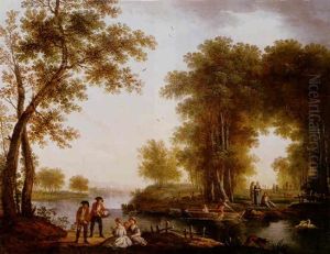 A River Landscape With Elegant Figures Beside A Ferry A River Landscape With Elegant Figures Beside A Ferry