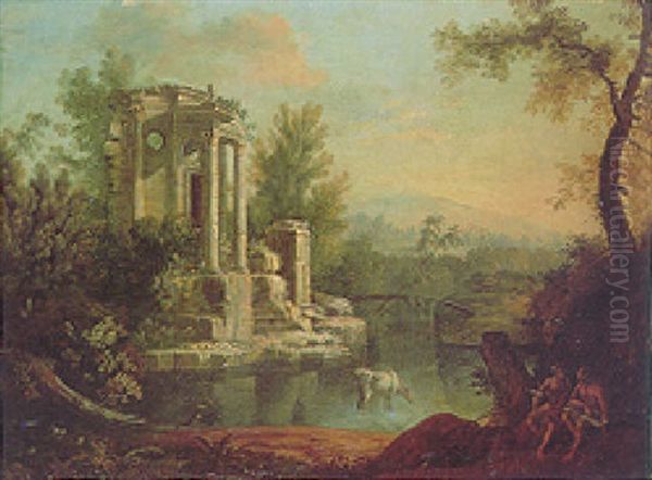 An Evening Landscape With Classical Figures Resting Beside A River, Roman Ruins And Mountains Beyond - view 1