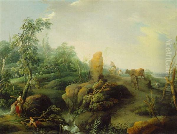 An Extensive Landscape With Travellers On A Hillock Near A Ruin - view 1