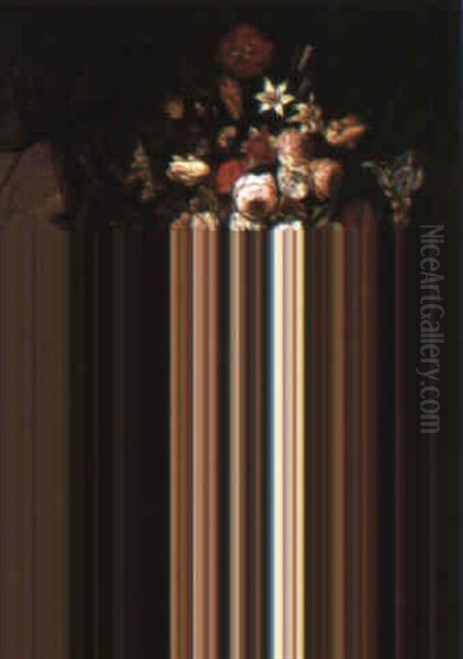 Still Life Of Roses And Other Flowers In An Urn On A Table With Fruit - view 1