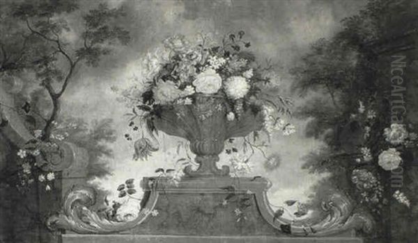 Tulips And Other Flowers In A Sculpted Urns - view 1