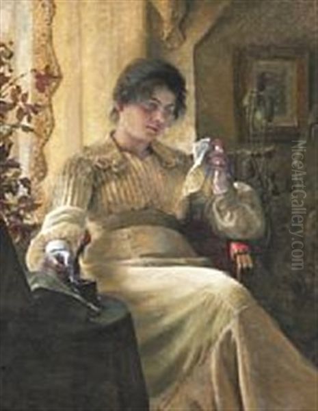 Interior With A Young Melancholic Woman With Her Needlework - view 1