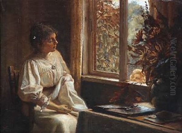 Interior With A Sewing Woman And A Child Looking Through The Open Window - view 1