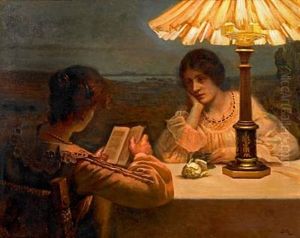 Interior With Two Women At A Table By Lamp Light by Christian Clausen