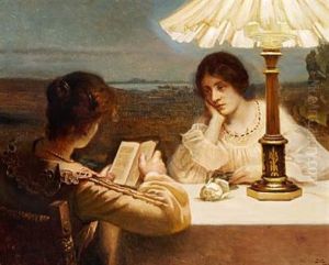Interior With Two Women At A Table By Lamp Light by Christian Clausen